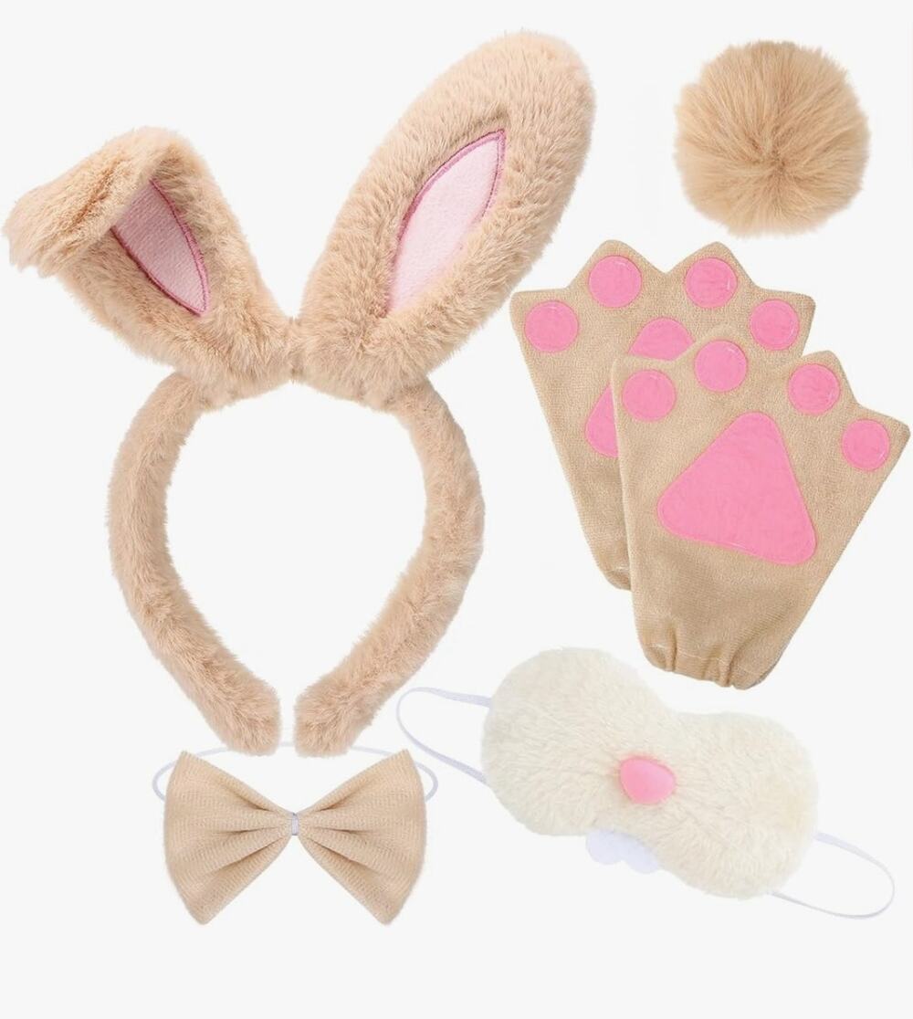 Bunny Costume Set Tan Brown 5 PC Ears Nose Tail Bow Tie Gloves Cosplay Adults